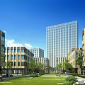 Contemporary Industrial Warehouse Featuring Glass Facade Plaza Area And Pedestrians Near Tall Buildings