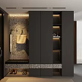 Modern Dark Shoe Cabinet With Drawers Hooks Bench And Decorative Wall Lighting