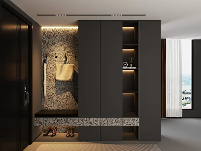 Modern Dark Shoe Cabinet With Drawers Hooks Bench And Decorative Wall Lighting 3d model