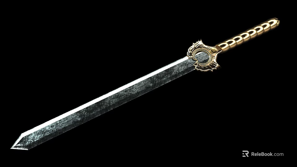 Ancient Decorative Sword With Steel Blade Golden Hilt And Gemstone Accent 3d model 