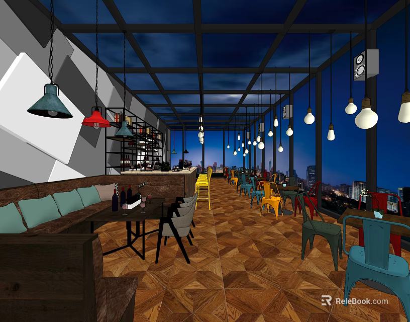 Modern Café Interior Design With Colorful Chairs Hanging Lights Wooden Floor And City Night View 3d model 
