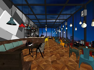 Modern Café Interior Design With Colorful Chairs Hanging Lights Wooden Floor And City Night View 3d model