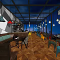 Modern Café Interior Design With Colorful Chairs Hanging Lights Wooden Floor And City Night View