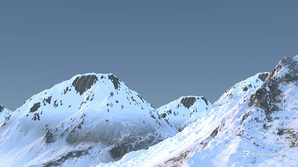 Snowy Mountain Landscape With Rugged Peaks And Blue Sky Background 3d model 