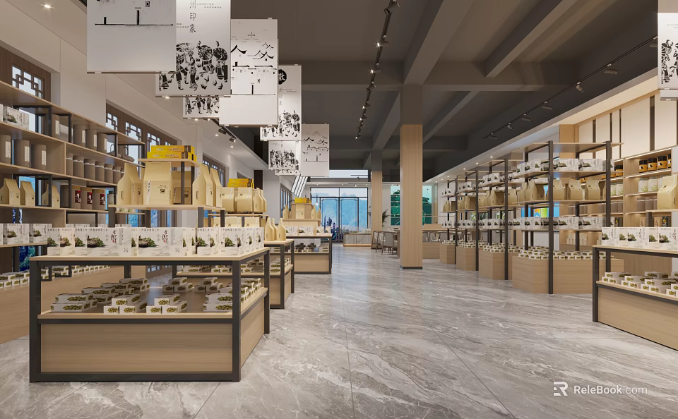 Spacious Exhibition Hall Interior With Bright Lighting Display Shelves Decorative Artworks And Marble Floor 3d model 