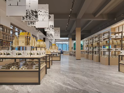 Spacious Exhibition Hall Interior With Bright Lighting Display Shelves Decorative Artworks And Marble Floor 3d model
