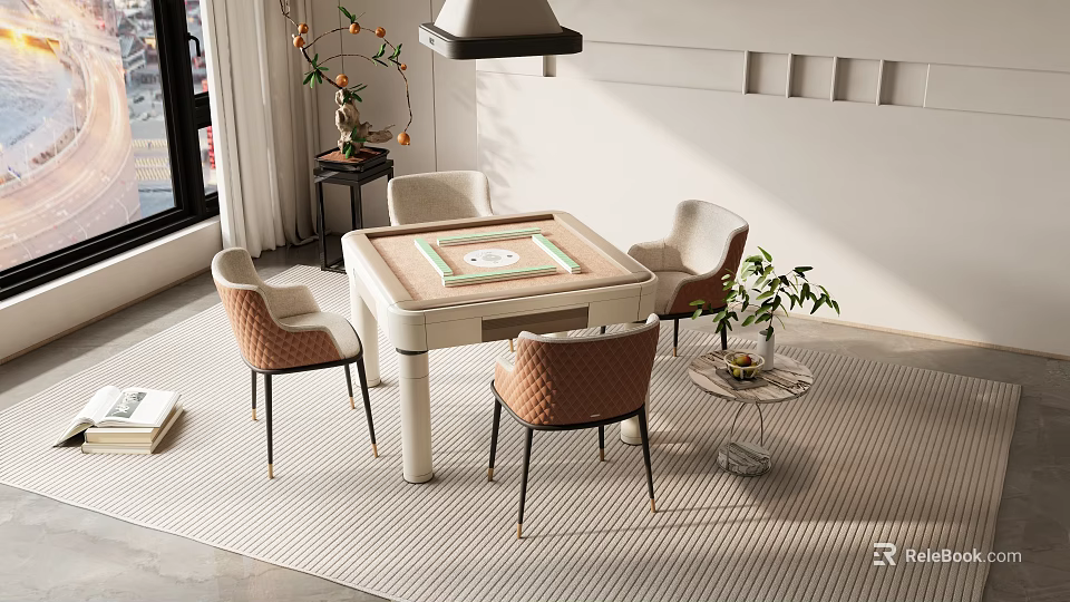 Modern Entertainment Table Setup With Comfortable Chairs And Decorative Plants 3d model 
