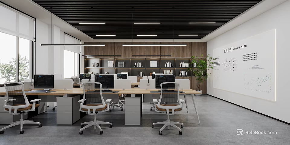 Modern Public Office Space Interior With Desks Office Chairs Computers Bookshelves And Green Plants 3d model 
