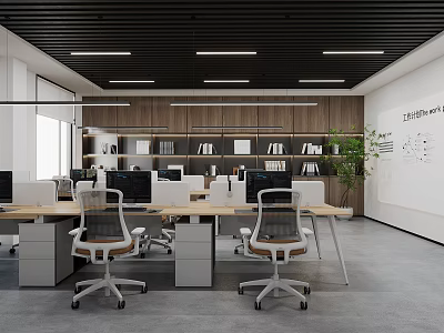 Modern Public Office Space Interior With Desks Office Chairs Computers Bookshelves And Green Plants 3d model