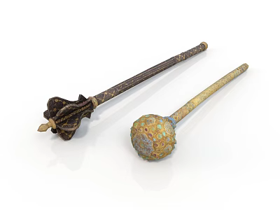 Ancient Long Handled Weapons With Intricate Carved Head And Colorful Enamel Spherical Top 3d model