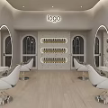 Modern Hair Salon Interior With Backlit Round Mirrors And Comfortable White Gray Chairs