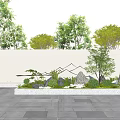 Outdoor Landscape Feature Wall With Green Plants Rockery Trees And Blue Sky