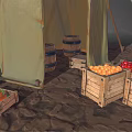 Green Camping Tent with Wooden Poles on Rocky Dirt Ground and Fruit Filled Crates