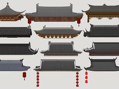 Traditional Chinese Roof Components With Various Styles And Red Lanterns 3d model