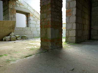 Unfinished Construction Building Interior With Brick Walls Concrete Structures And Exposed Window Frames 3d model