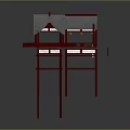 Traditional Architectural Model With Red Frame Blue Roof And Connected Structures Design