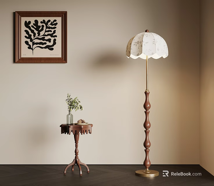 Vintage Floor Lamp With Scalloped Shade Near Side Table And Decorative Wall Art 3d model 