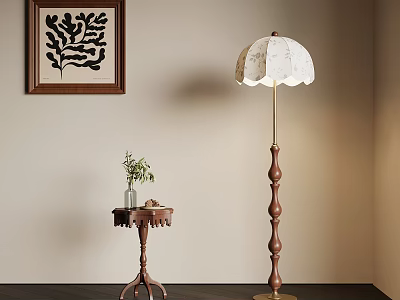 Vintage Floor Lamp With Scalloped Shade Near Side Table And Decorative Wall Art 3d model