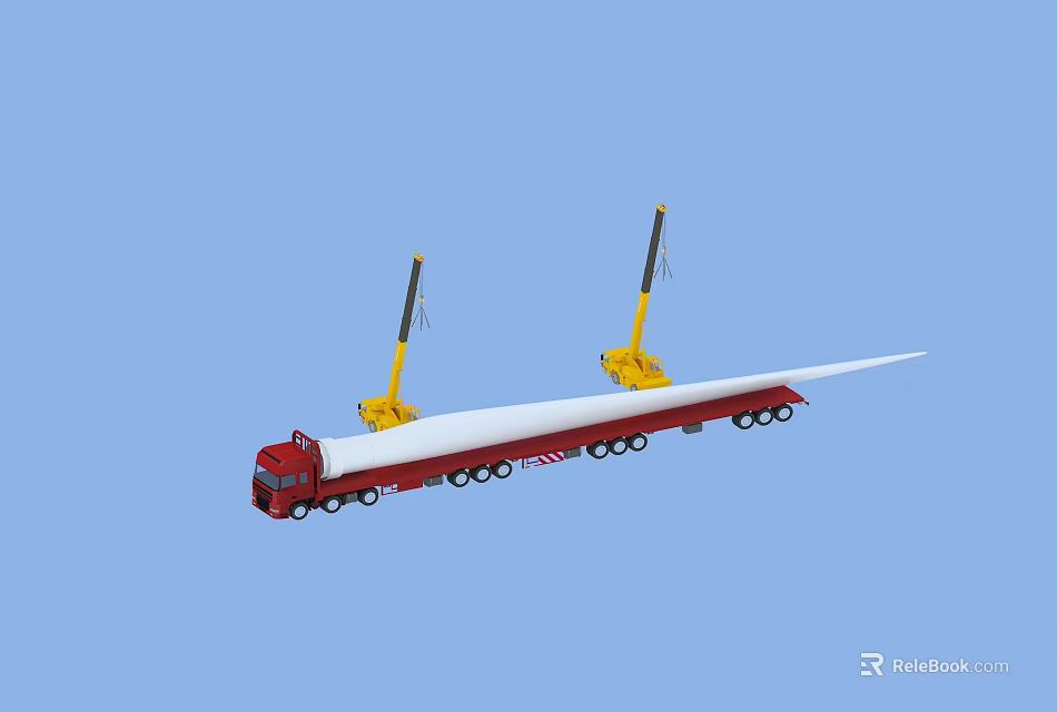 Red Truck Transporting White Wind Turbine Blade With Yellow Crane Arms 3d model 