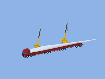 Red Truck Transporting White Wind Turbine Blade With Yellow Crane Arms 3d model