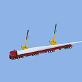Red Truck Transporting White Wind Turbine Blade With Yellow Crane Arms