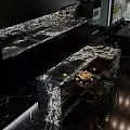 Modern Kitchen Interior With Black Cabinets Marble Island And Mountain View Design