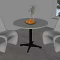 Modern White Leisure Chairs With Round Table Fruit Plate And Green Plant By Window