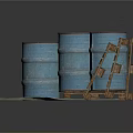 Blue Storage Barrels And Wooden Pallets Stacked On Gray Mat For Home Use