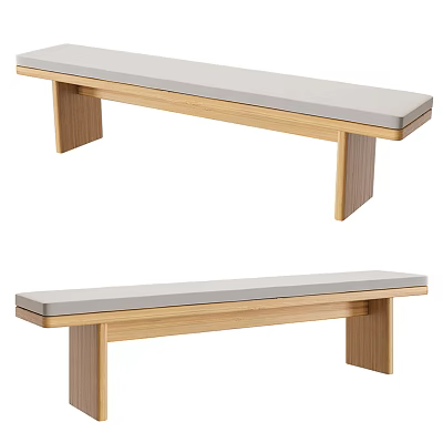 Wooden Ottoman Bench With Light Gray Cushion Sturdy Legs Modern Design 3d model