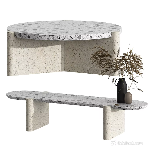 Modern Minimalist Terrazzo Coffee Table With Circular Top And Black Vase Holding Dried Plants 3d model 