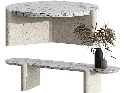 Modern Minimalist Terrazzo Coffee Table With Circular Top And Black Vase Holding Dried Plants 3d model