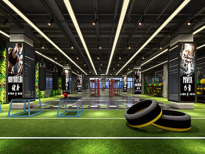Modern Fitness Gym Interior With Green Turf Training Area Workout Tires And Lighting 3d model