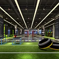 Modern Fitness Gym Interior With Green Turf Training Area Workout Tires And Lighting