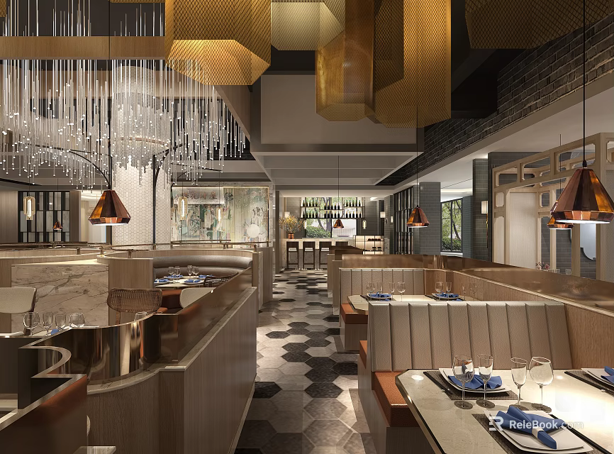 Elegant Modern Restaurant Interior With Chandeliers Dining Tables Booth Seats And Decorative Floor 3d model 