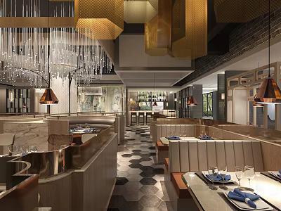 Elegant Modern Restaurant Interior With Chandeliers Dining Tables Booth Seats And Decorative Floor 3d model