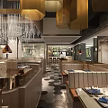 Elegant Modern Restaurant Interior With Chandeliers Dining Tables Booth Seats And Decorative Floor