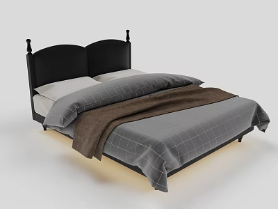 Modern Double Bed with Black Headboard Gray Plaid Sheets and Brown Blanket 3d model