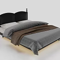 Modern Double Bed with Black Headboard Gray Plaid Sheets and Brown Blanket