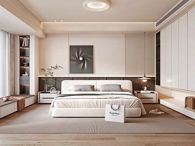 Modern Minimalist Bedroom Interior With King Bed Nightstands Table Lamps Soft Rug And Abstract Painting 3d model
