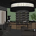 Modern Bar Interior With Circular Counter Wine Racks Black Seats Green Plants And Brick Wall