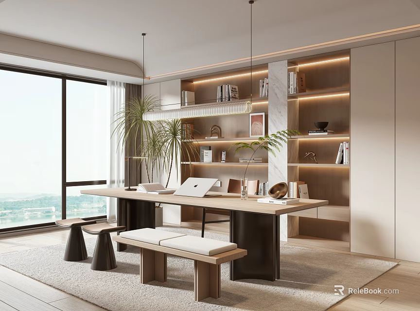 Modern Minimalist Study Room Interior With Large Window Wooden Desk Built in Bookshelves and Plants 3d model 