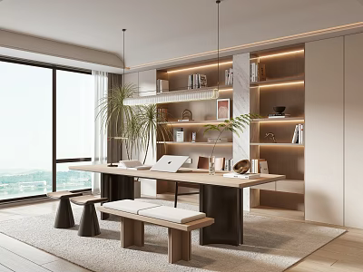 Modern Minimalist Study Room Interior With Large Window Wooden Desk Built in Bookshelves and Plants 3d model