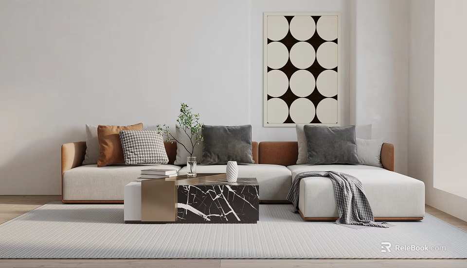 Modern Living Room Multi Person Sofa With Decorative Pillows Area Rug And Wall Art 3d model 