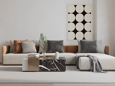 Modern Living Room Multi Person Sofa With Decorative Pillows Area Rug And Wall Art 3d model