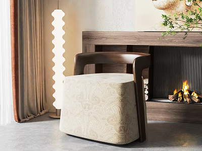 Beige Patterned Accent Chair With Wooden Armrests In Modern Living Room With Fireplace And Decorative Lamp 3d model