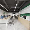 Modern Public Office Space with Desks Computers Green Plants Coffee Station and Open Layout