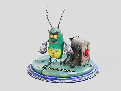 Green Insect Character with Antennae Holding Weapon and Metal Mailbox on Base with Flecktog Text 3d model