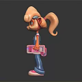 Anthropomorphic Cartoon Character Creature With Curly Hair Blue Overalls Pink Shoes And Holding Tag