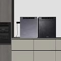 Modern Kitchen Appliances In Black And Silver On White Cabinet Countertop