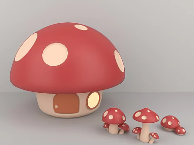 Cute Red Mushroom Shaped House With White Spots And Small Mushrooms 3d model